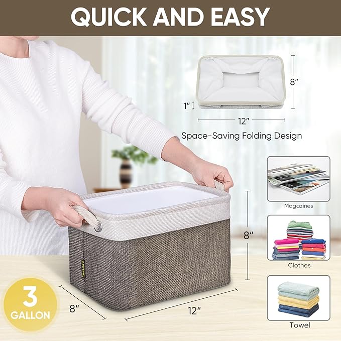 BALEINE 2 Pack Fabric Storage Bins for Shelves, Linen Storage Baskets for Organizing, Decorative Closet Bins for Clothes, Home (Brown, 12"x8"x8")