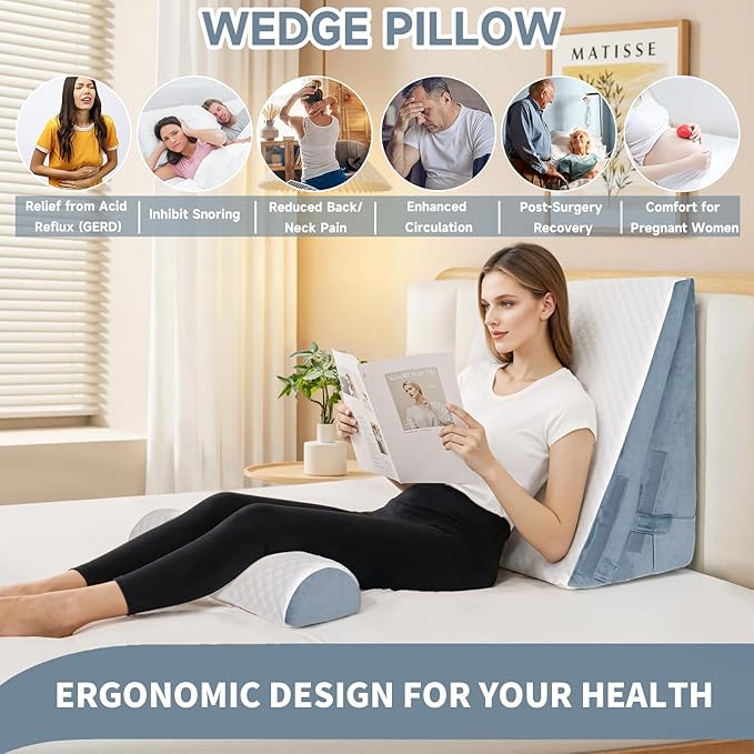 Bed Wedge Pillow for Sleeping, 3 Pcs Adjustable Height 4.5&7.5&12 Inch Triangle Pillow Wedge for Post Surgery, Acid Reflux, Snoring, Legs Pain Relief (Gray)
