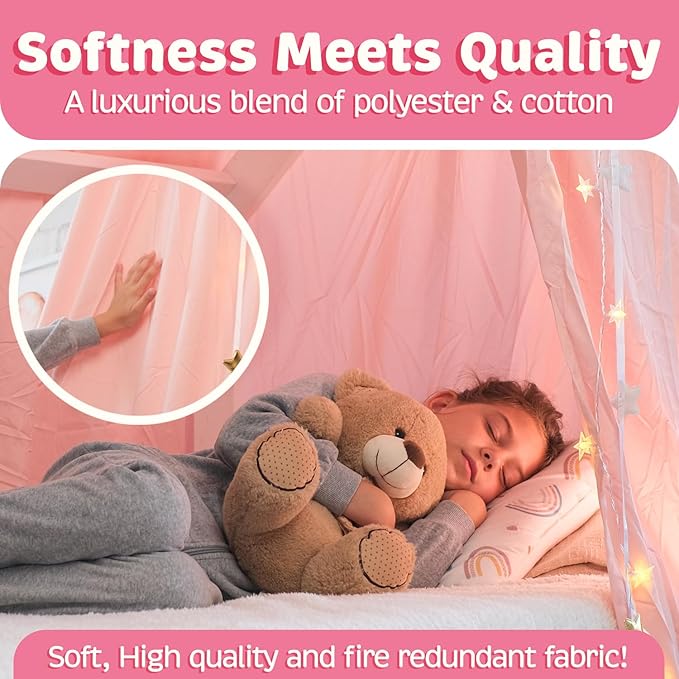 Bollepo Bed Canopy with Lights - Pink Princess Canopy for Girls Room | Single, Twin, Full, Queen | Kids Bed, Hanging Fairy Led Canopy
