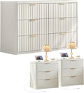 LEYAOYAO Fluted Dresser and 3 Drawers Nightstand Set of 2, Wood 48" Wide Dresser & 23" Night Stand with Charging Station, 3 Piece Bedroom Furniture Set, Chest of Drawers for Living Room,Antique White