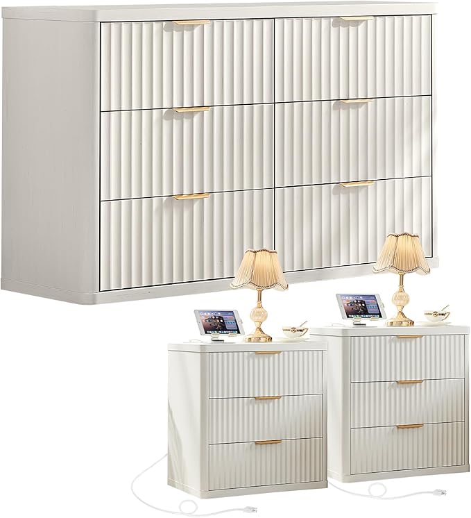 LEYAOYAO Fluted Dresser and 3 Drawers Nightstand Set of 2, Wood 48" Wide Dresser & 23" Night Stand with Charging Station, 3 Piece Bedroom Furniture Set, Chest of Drawers for Living Room,Antique White