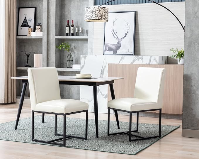 CIMOTA Cream Leather Dining Chairs Set of 4, Modern Dining Room Chairs Upholstered Armless Guest Side Chair with Black Base for Dining Room/Kitchen, Cream White 4PCS