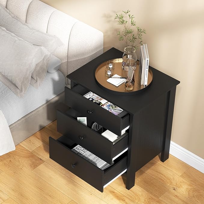 Giantex Nightstand with 3 Drawers, Wooden Side End Table with Solid Wood Legs, Retro 3-Drawer Bedside Table Night Stand for Bedroom Home Office Small Space, Easy Assembly, Black