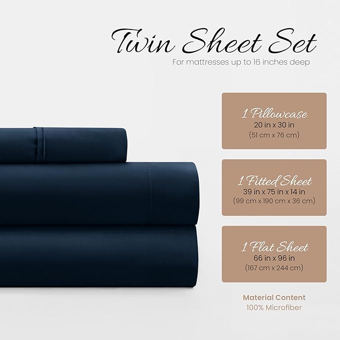 Linen Market Bed Sheets for Twin Size Bed (Navy) - Sleep Better Than Ever with These Soft and Cooling Twin Sheets - Deep Pocket Fits 16" Thick Beds - 3 Piece Twin Sheet Set