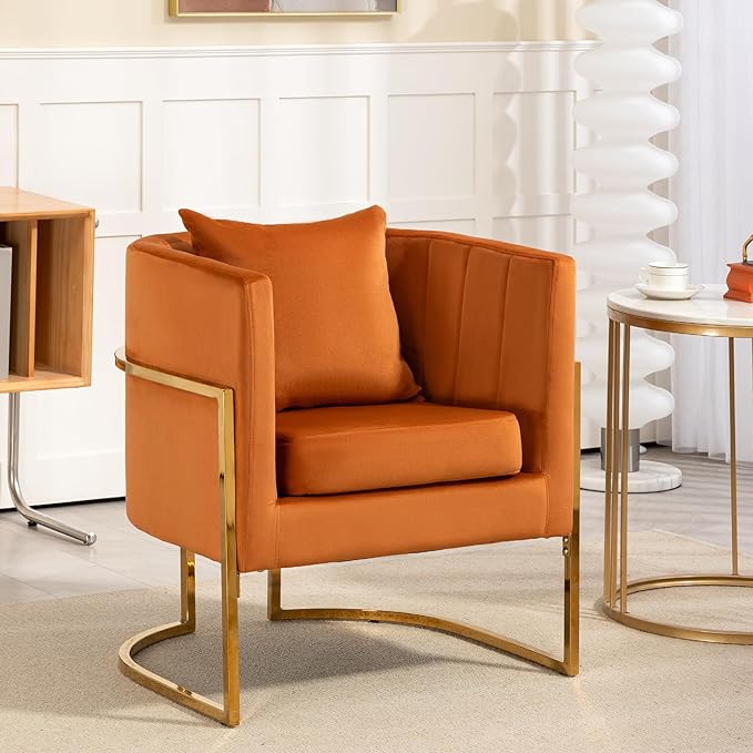 Velvet Modern Accent Chairs Set of 2, Upholstered Barrel Armchair Mid Century with Pillow for Living Room, Comfy Single Vanity Chair with Metal Gold Legs for Bedroom, Orange