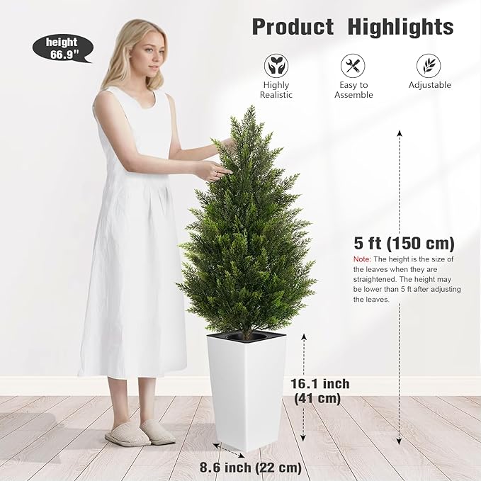4FT Tall 2 Set Artificial Topiary Cedar Tree, Indoor Realistic Faux Cypress Plants with Square Flowerpot, Outdoor Evergreen Fake Shrubs for Home Living Room Front Porch Decor
