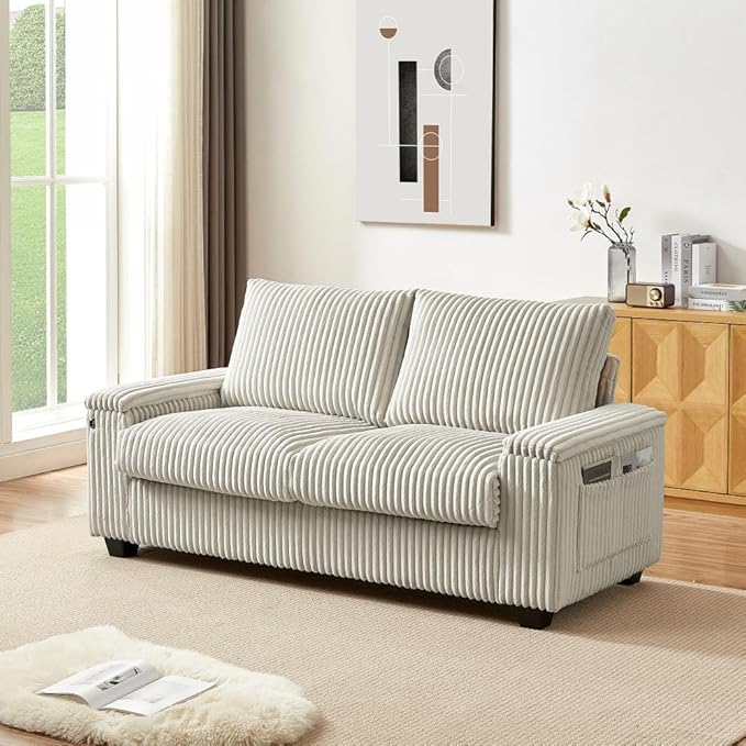 71" Loveseat Sofa, Modern Couches for Living Room,Corduroy Recliner, Dual armrest Storage Space, Integrated Spring Cushion, Solid Wood Frame, Built-in USB Charging Port (Beige)