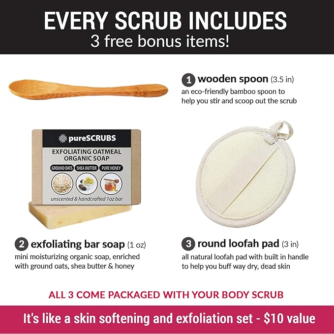 pureSCRUBS Premium Citrus Body Scrub Set - Large 16oz Dead Sea Salt Body Scrub With Infused Essential Oils & Nutrients, Includes Wooden Spoon, Loofah & Oatmeal Exfoliating Bar Soap