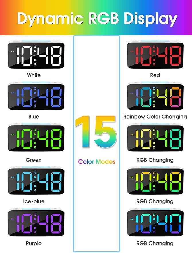 Cadmos Super Loud Alarm Clock for Heavy Sleepers Adults,Digital Clock with 7 Color NightLight,Adjustable Volume,USB Charger,Small Clocks for Bedrooms,Ok to Wake Up for Kids,Teens (White+RGB)