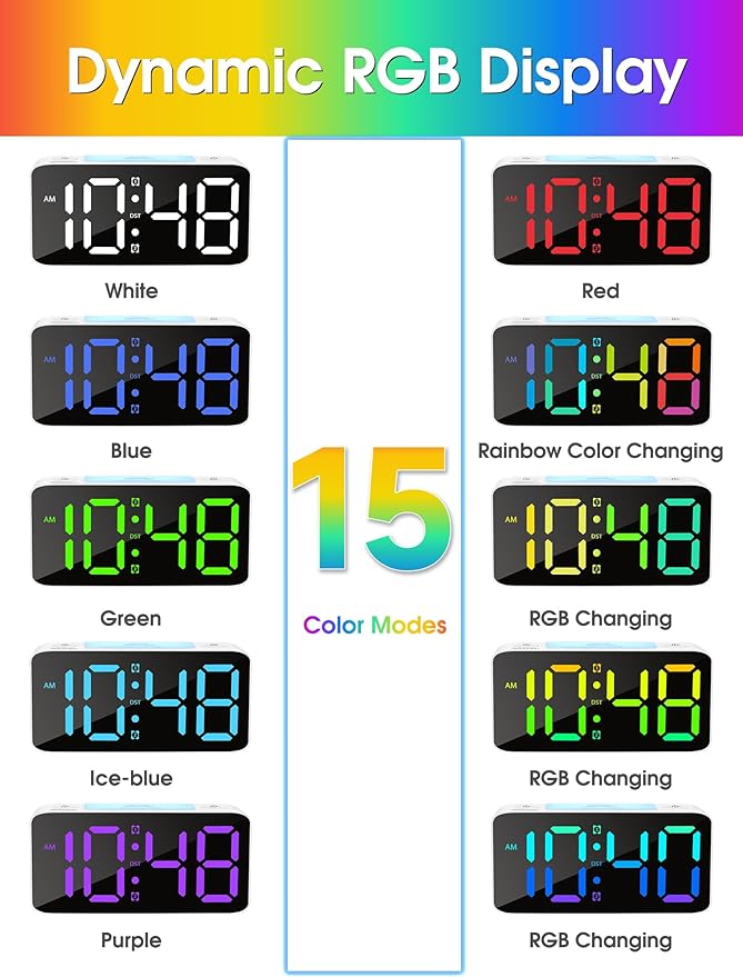 Cadmos Loud Alarm Clock for Heavy Sleepers Adults,Digital Clock with 7 Color NightLight,Adjustable Volume,USB Charger,Small Clocks for Bedrooms Bedside,ok to Wake for Kids,Teens (Blue+RGB)