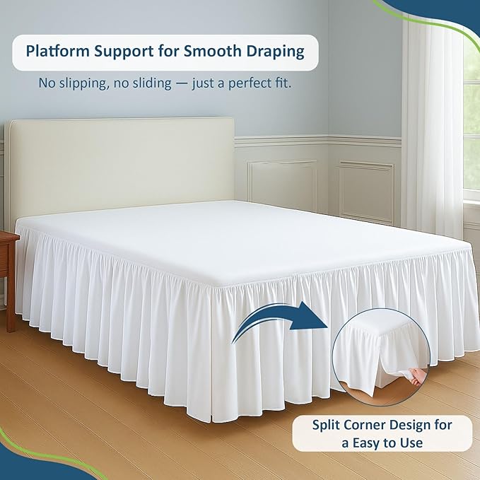 Rajlinen Ruffled Bed Skirt Queen, 15 Inch Drop Dust Ruffle with Split Corners, 100% Microfiber Bedskirt with Platform, Three-Sided Coverage Ruffled Gathering Design, White