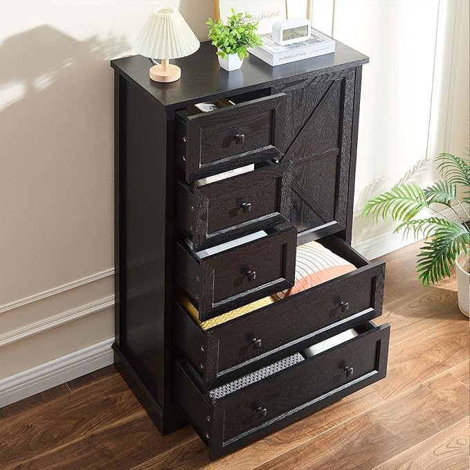 SOOWERY Black Dresser for Bedroom, 5 Drawers Farmhouse Wood Dresser with Double Storage Cabinet, 48 Inches Tall Chest of Drawers for Bedroom, Living Room, Hallway