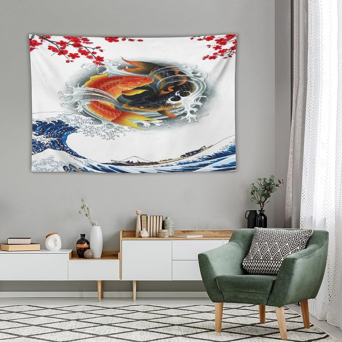 Houselerax Koi Fish Tapestry, Japanese Style Yin Yang Big Wave Cherry Blossoms Tapestries Wall Hanging for Bedroom Living Room Office Decor 60"x40"