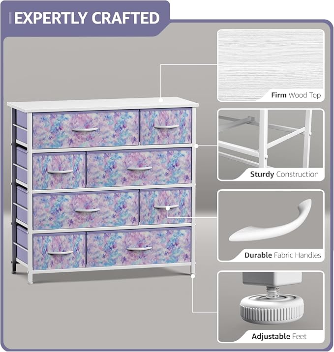 Sorbus Dresser with 8 Drawers - Furniture Storage Chest for Kid’s, Teens, Bedroom, Nursery, Playroom, Clothes, Toys - Steel Frame, Wood Top, Fabric Bins (Tie-dye Purple)