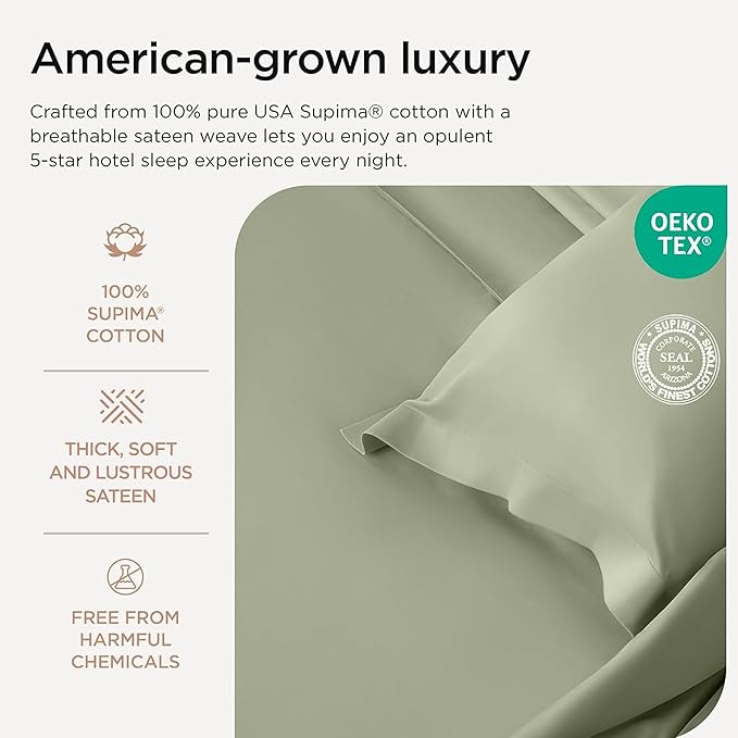 Threadmill Supima Cotton Sheets, 1200 Thread Count Soft 100% Cotton Sheets for Cal King Size Bed, 4 Pc Sage Green Cal King Bed Sheets Set, 5-Star Hotel Quality with Elasticized Deep Pocket King Sheet
