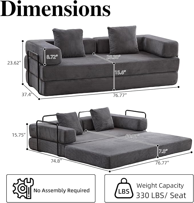 4-in-1 Convertible Folding Sleeper Sofa Bed, Fold Out Floor Sofa Couch with Fixed-Shape Frame, Cloud Corduroy Foldable Mattress Couch for Living Room Bedroom (77" Corduroy, Dark Grey)