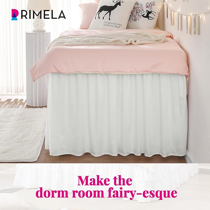 RIMELA Dorm Bed Skirt Twin XL 42 Inch Drop, Easy to Install Extra Long Wrap Around Elastic Dust Ruffle, Warm White Bedskirt Solid Silky Fabric Machine Washable (Twin XL 80“L x 39”W & Twin 75“L x 39”W)
