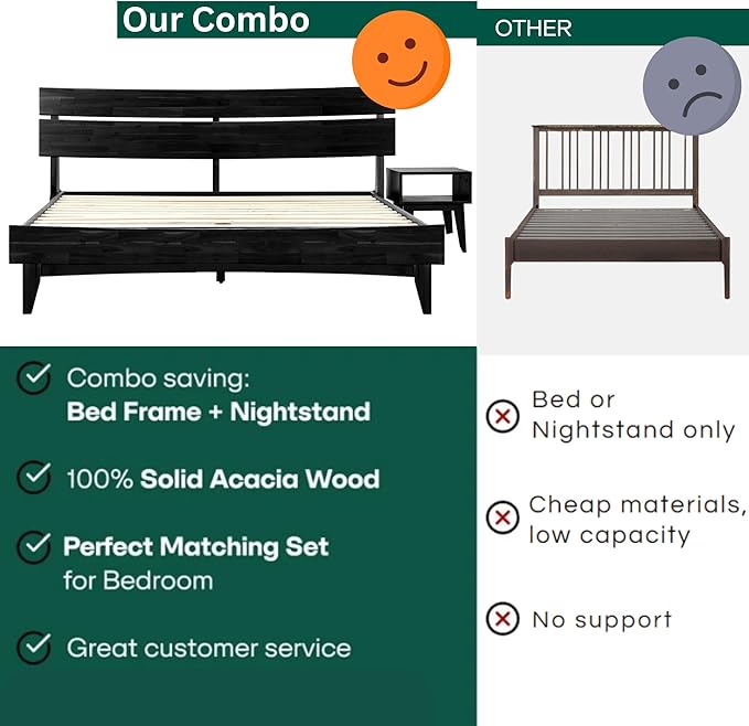 Acacia Aurora King Solid Wood Bed Frame with Headboard – Gift Matching Nightstand Included, Mid-Century Modern Farmhouse, Black Ristretto, 800 lbs Capacity, Sturdy, No Box Spring, Easy Assembly