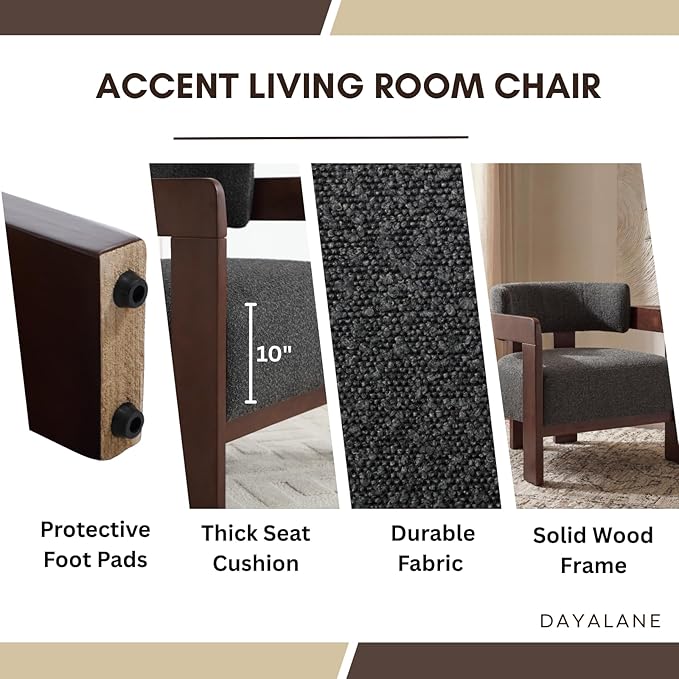 Barrel Accent Chair, Cozy Upholstered Living Room Chair for Bedroom, Walnut Wood Frame, Vintage Modern Lounge Reading Chair for Apartment Waiting Room Office,1 PCS, Charcoal
