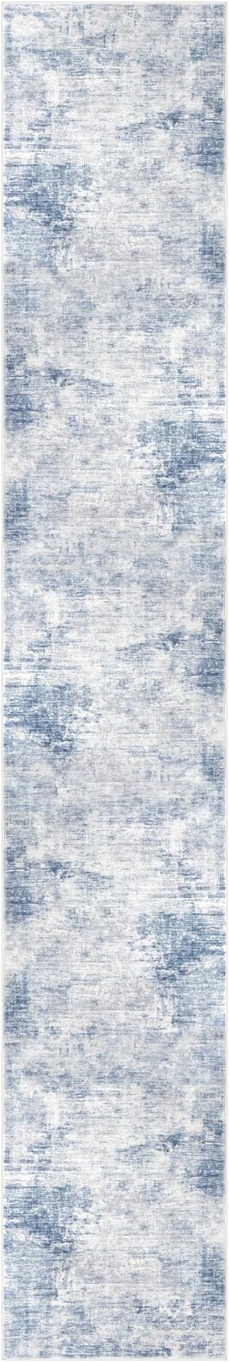 IOHOUZE Abstract Runner Rug 3x16 Ft Washable Runners for Hallways, Non Slip Kitchen Runner Printed Faux Wool Entryway Runner Indoor, Modern Abstract Floor Carpet for Hall Stair, Light Blue White