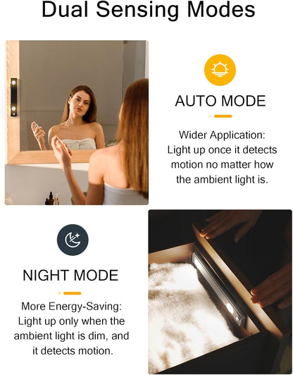Under Cabinet Lights, Wireless Motion Sensor Light Indoor, Black 10in LED warm Lighting Rechargeable Battery Operated,4 Modes Night Light, Stick-On Magnetic Closet Lights for Kitchen, Hallway(2 Pack)