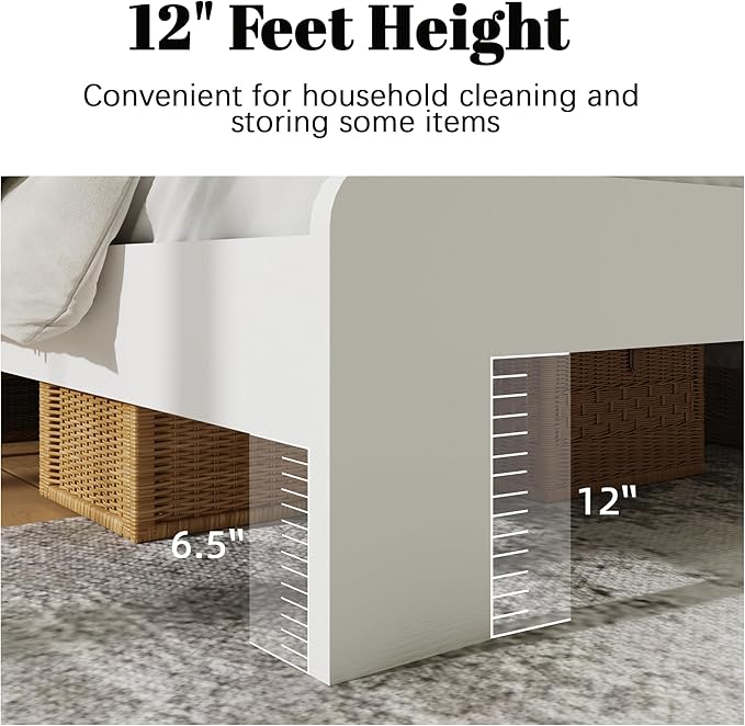 Queen Size Farmhouse Wooden Bed Frame with Headboard, Boho Platform Bedframe Sturdy Metal Slats Support, Spring Needed, Noisy Free, Easy Assembly (Queen, White)