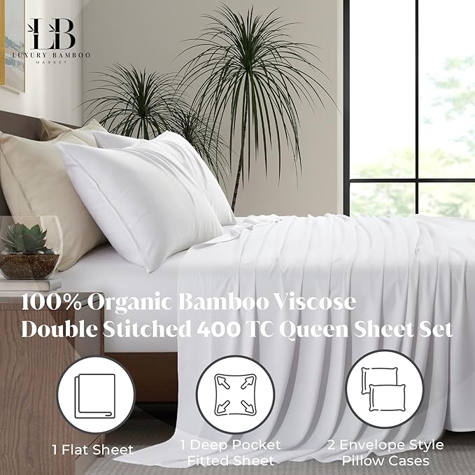 Luxury Bamboo Market | Queen Size Bed Sheet Set | 100% Viscose Made from Bamboo | Organically Grown | Ultra Soft | Cooling Sheets for Hot Sleepers | 17" Deep Pocket [Classic White]