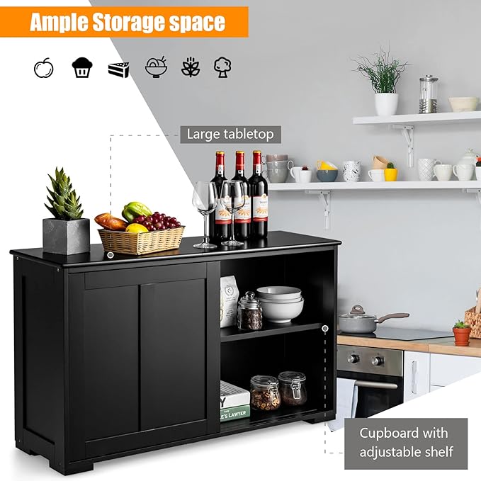 Costzon Sideboard Buffet Cabinet, Wooden Kitchen Storage Cabinet with Adjustable Shelf, Sliding Barn Door, Accent Coffee Bar Cabinet Console Table for Living Room, Dining Room, Hallway (Black)