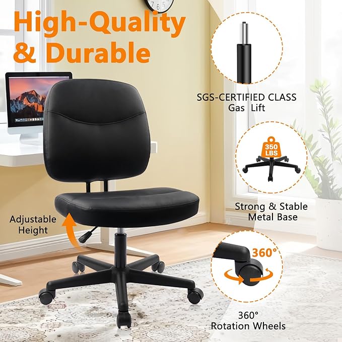 CLATINA Armless Home Office Chair, Small PU Leather Ergonomic Low Back Desk Chair with Lumbar Support and Wheels, Adjustable Height 360° Swivel Rolling Computer Task Chair, Black