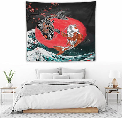 Houselerax Koi Fish Tapestries,Japanese Style Yin Yang Big Wave Cherry Blossoms Tapestry Wall Hanging for Bedroom Living Room Office Decor 60"x50"