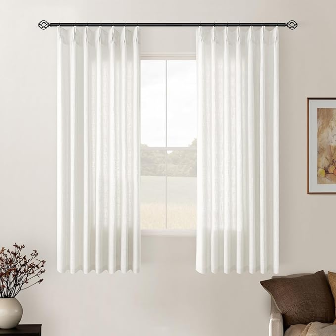 Beige White Pinch Pleated Linen Curtains 2 Panels for Living Room Bedroom Memory Training Shaped Semi Sheer Pleat Drapes with Hooks Rings Light Filtering Window Curtain 40x54