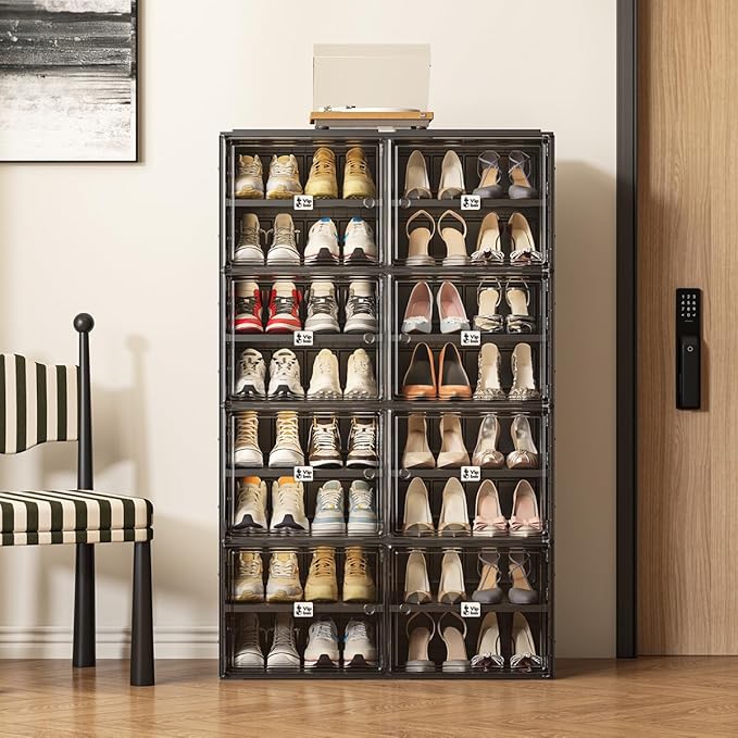 Black Shoe Rack Organizer Cabinet for Closet Entryway,Clear Shoe Storage Boxes Stackable Sneaker Storage with Door Easy Assembly Shoe Cabinet with Lids Large 8 Tiers 32 Pairs