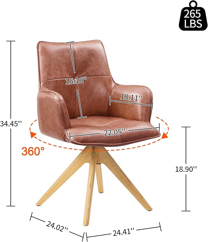 Art Leon Home Office Desk Chair - Genuine Leather Upholstered Accent Armchair, Mid Century Swivel Chair with Black Oak Wood Legs for Small Space Living Room Bedroom, Red Brown