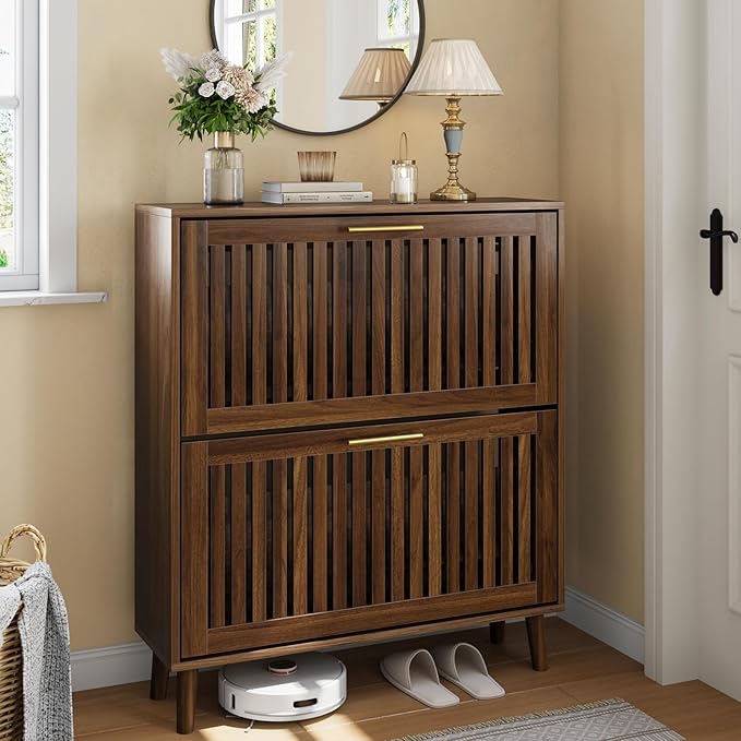 Shoe Storage Cabinet with 2 Flip Slatted Drawers, Narrow Wood Shoe Cabinet with Gold Handle, Hidden Entryway Shoe Organizer for Hallway, Foyer, Walnut