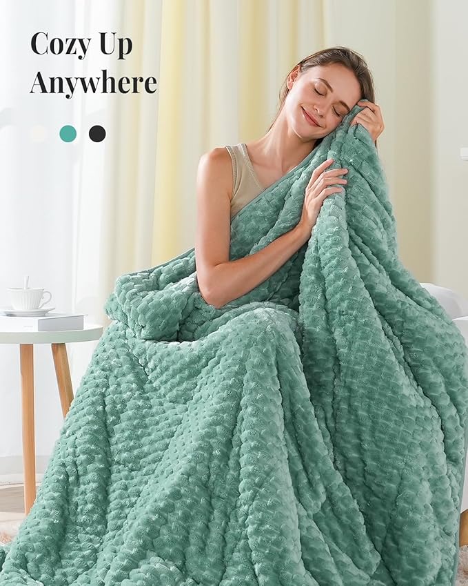 Topblan Weighted Blanket for Adults (60" x 80" 15lbs, Sage Green), Soft Sherpa Queen Size Heavy Blanket, 3D Jacquard Flannel Fleece Weighted Blankets for Couch and Bed
