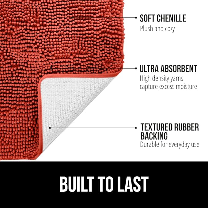 GORILLA GRIP Bath Rug Mat, Soft Absorbent Chenille, Quick Dry Microfiber Mats, Rubber Backing Washable Shower Floor Rugs, Bathmat Runner, US Designed Bathroom Home Accessories 24x17, Sunset Orange