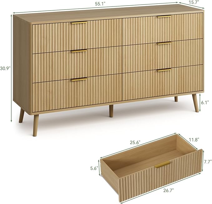 LYNSOM Fluted Dresser and Nightstand Sets 3 Piece, 6-Drawers Dresser and 1-Drawer Nightstands Set of 2, Wood Bedroom Furniture Set for Home, Bedroom, Hallway, Oak