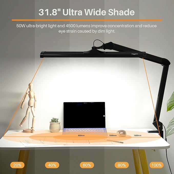LED Architect Desk Lamp with Clamp, Metal Swing Arm 4500 Lumens Dimming Office Table Lamp for Task Work Drafting Reading Desktop, 342PCS Bright LEDs, 50W Workbench Lamp(Black)