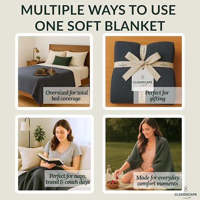 Cloud Scape Linen 100% Cotton 8 Layer Twin Size Muslin Blanket - Breatheable and Soft Winter Blanket for Bed, Couch and Sofa, Oversized Fits up to Twin XL, Best Gift Idea, 68x92, Dark Grey