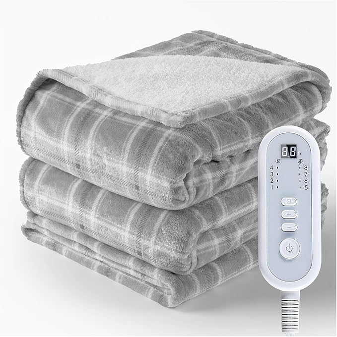 Heated Blanket Full Size, Electric Blanket 72"x84" for Bed with 8 Fast Heating Levels & 10 Hours Auto Shut-Off, Grey Plaid Warm Soft Flannel Blanket Gift for Women Grandma Machine Washable