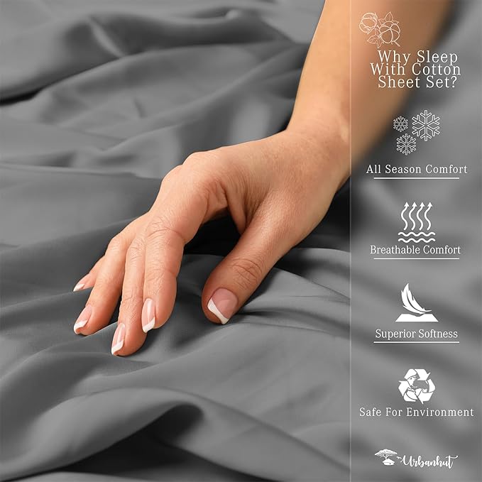 URBANHUT 800 Thread Count 100% Cotton Twin Size Sheets, Luxury 4 Piece Twin Bedsheets, Hotel Sheets Sateen Finish - Better Than Egyptian, 14" Elasticized Deep Pocket - Dark Grey