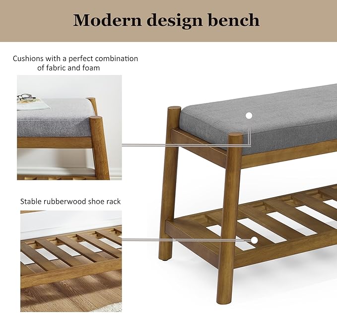 Upholstered Entryway Bench, Bedroom Bench for End of Bed, Dining Bench with Padded Seat for Kitchen, Living Room, Fabric Rubber Wood Indoor Bench (Grey)