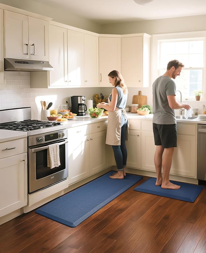 Ophanie Kitchen Mats for Floor, 3/4 Inch Thick Kitchen Rugs, 24'' x 70'' Anti Fatigue Standing Cushioned Mat, Waterproof,Comfort Ergonomic Mat for Office, Home, Sink, Blue Non-Slip Bottom