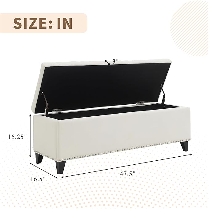 47.5“ Storage Ottoman Bench, Upholstered Button-Tufted End of Bed Bench with Soft-Close Hinge & Solid Wood Legs, Foot Rest for Living Room, Bedroom, Hallway (Linen, White)