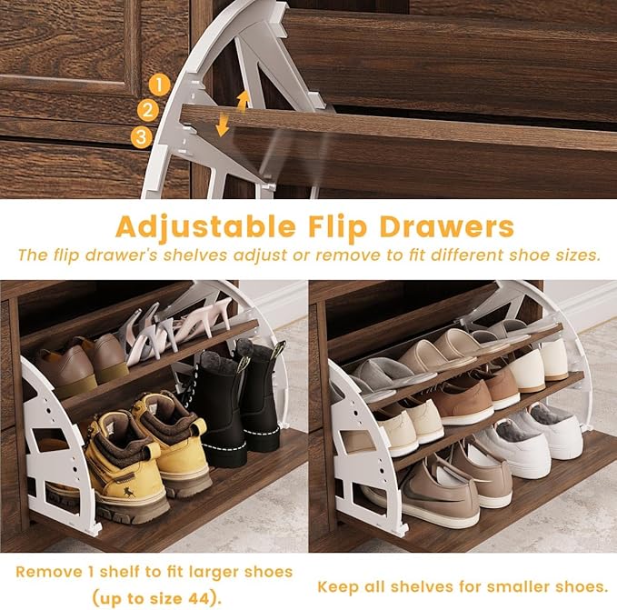 FATORRI Bench with Shoe Storage for Entryway, Wooden Shoe Benches with Flip Door and Drawers, Entry Way Shoes Organizer Cabinet for Living Room Mudroom (Dark Walnut)