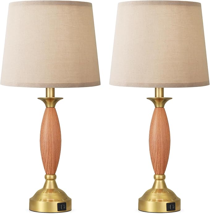 Seealle Lamps for Bedrooms Set of 2 - Touch Bedside Lamp with USB C+A, 3 Way Dimmable Nightstand Lamps with USB Port, Wood Table Lamp for Living Room Guest Room Bed Side End Table(Bulbs Included)
