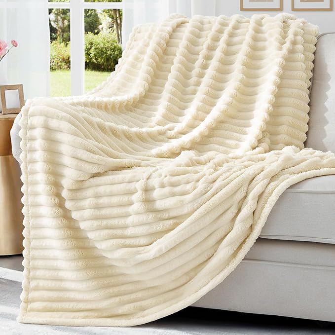 decorUhome Christmas Soft Fleece Beige Throw Blanket for Couch, Cozy Fluffy Plush Flannel Striped Blanket for Sofa Bed, Lightweight Decorative Ribbed Fuzzy Blanket for Woman, 50x60 Inches