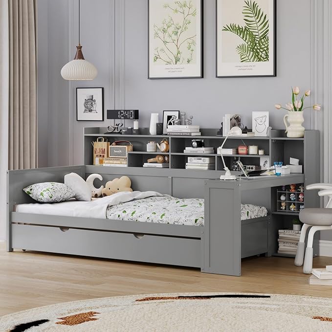 Merax Twin Size Corner Bed Frames with Desk and Trundle & Storage Shelves Headboard, Pinewood U-Shaped Captain Daybed for Small Room, Bedroom, Guest Room, Kids' Room, Grey