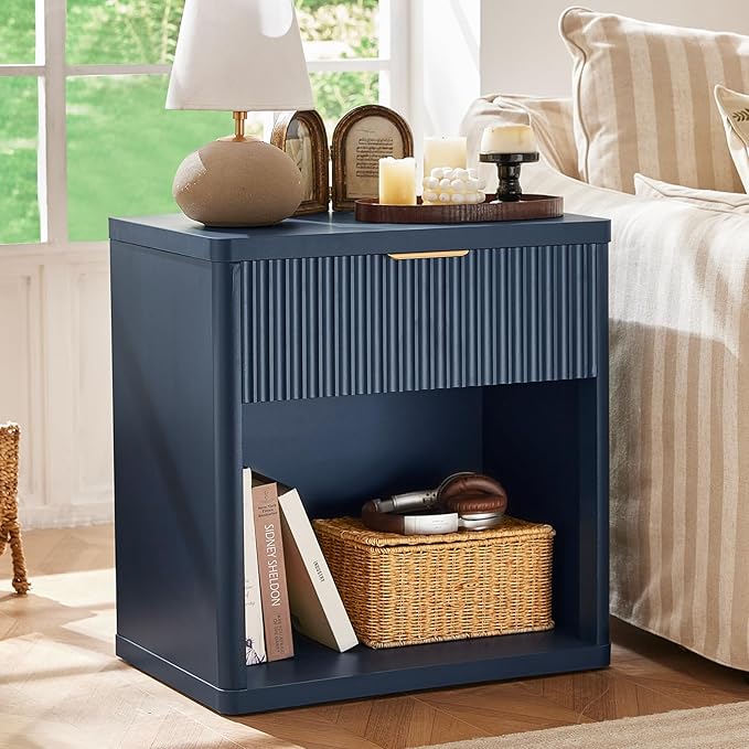 LEYAOYAO Fluted Farmhouse Nightstand Set of 2 with Charging Station, 23" Wide 1 Drawers Night Stand,Blue Dresser for Bedroom,Bed Side Table Chest of Drawers,Wood End Table for Living Room