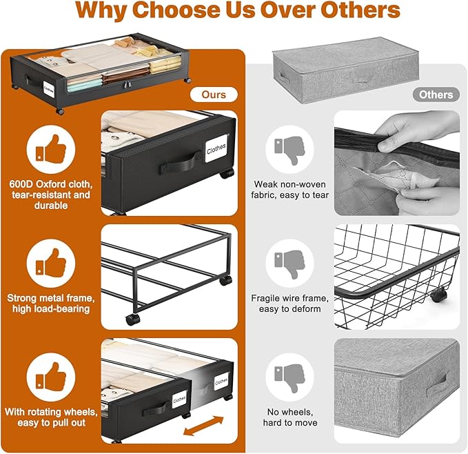 Under Bed Storage with Wheels,XXL 60L Under Bed Storage Containers with Clear Lids, Rolling Under Bed Metal Drawer for Clothes, Shoes,Toys (Black, 2 Pack)